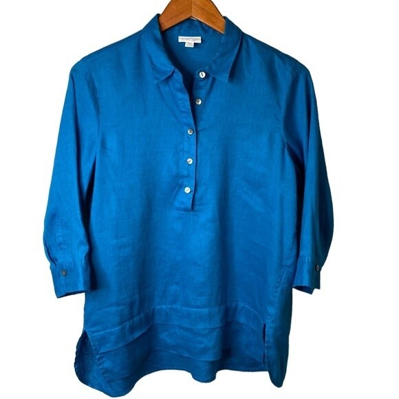 J Jill Love Linen Relaxed Tunic Top 3/4 Sleeve Popover Placket Collared High/Low - Picture 2 of 15